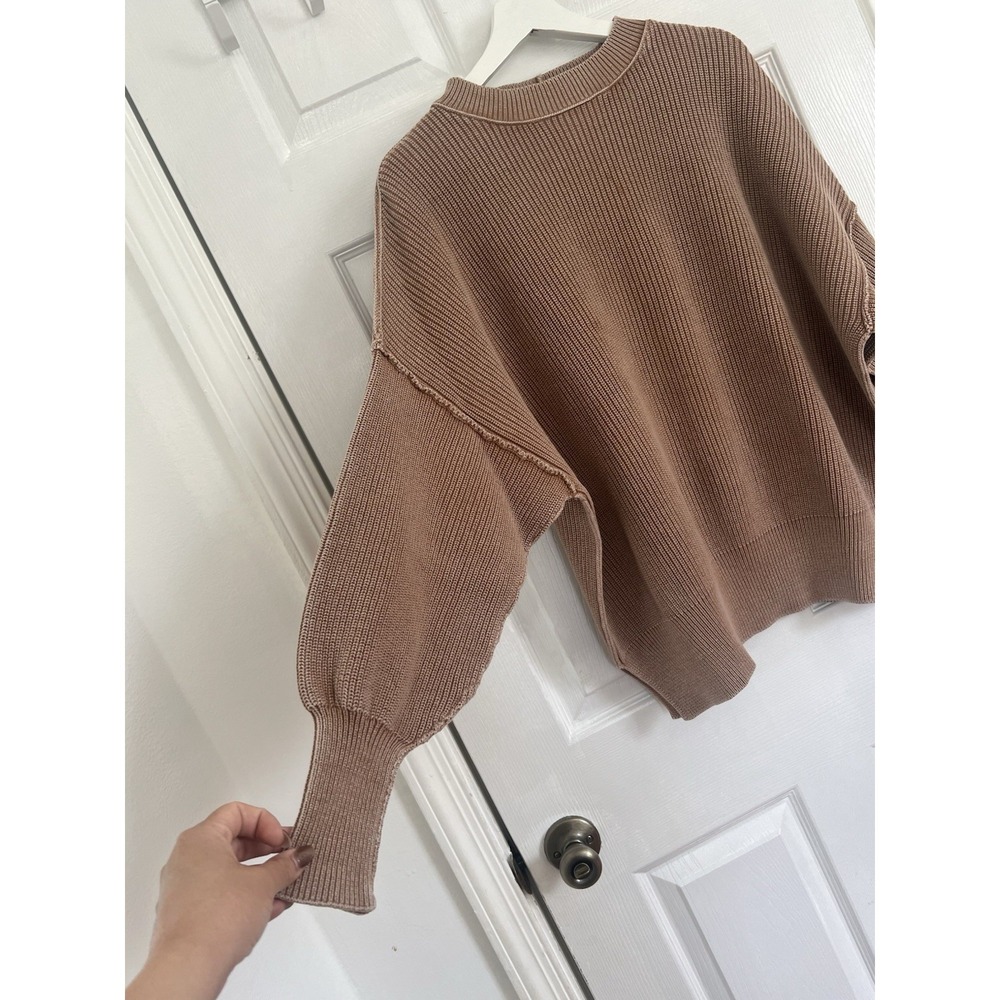 Aerie Ribbed Knit Sweater Balloon Sleeve CrewNeck Brown Cozy Casual Lounge Top M - Picture 5 of 10